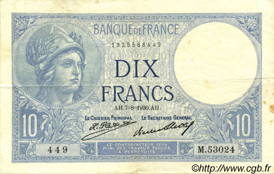 10 Francs MINERVE FRANCE  1930 F.06.14 VF+