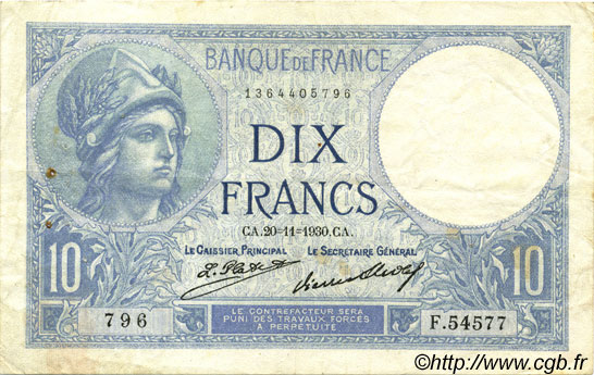 10 Francs MINERVE FRANCE  1930 F.06.14 VF-