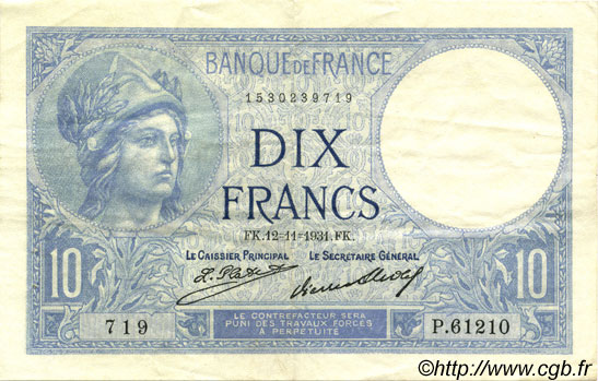 10 Francs MINERVE FRANCE  1931 F.06.15 SUP
