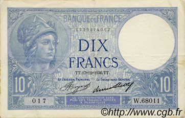 10 Francs MINERVE FRANKREICH  1936 F.06.17 fVZ