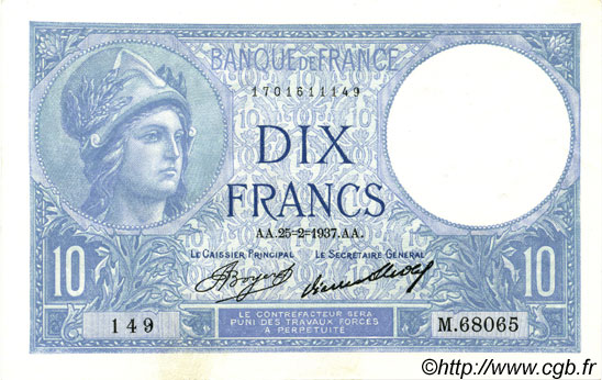 10 Francs MINERVE FRANKREICH  1937 F.06.18 fST+