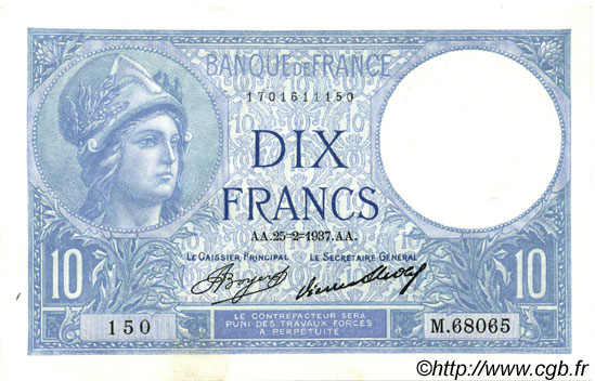 10 Francs MINERVE FRANCIA  1937 F.06.18 q.FDC
