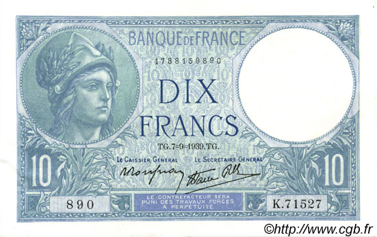 10 Francs MINERVE modifié FRANKREICH  1939 F.07.06 VZ+