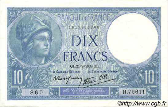10 Francs MINERVE modifié FRANCIA  1939 F.07.08 SPL+