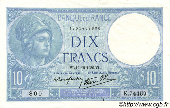 10 Francs MINERVE modifié FRANKREICH  1939 F.07.11 VZ+