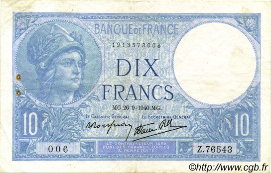 10 Francs MINERVE modifié FRANCE  1940 F.07.15 TTB