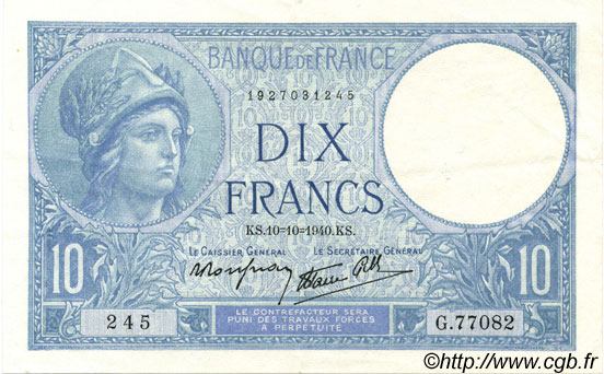 10 Francs MINERVE modifié FRANCE  1940 F.07.16 XF