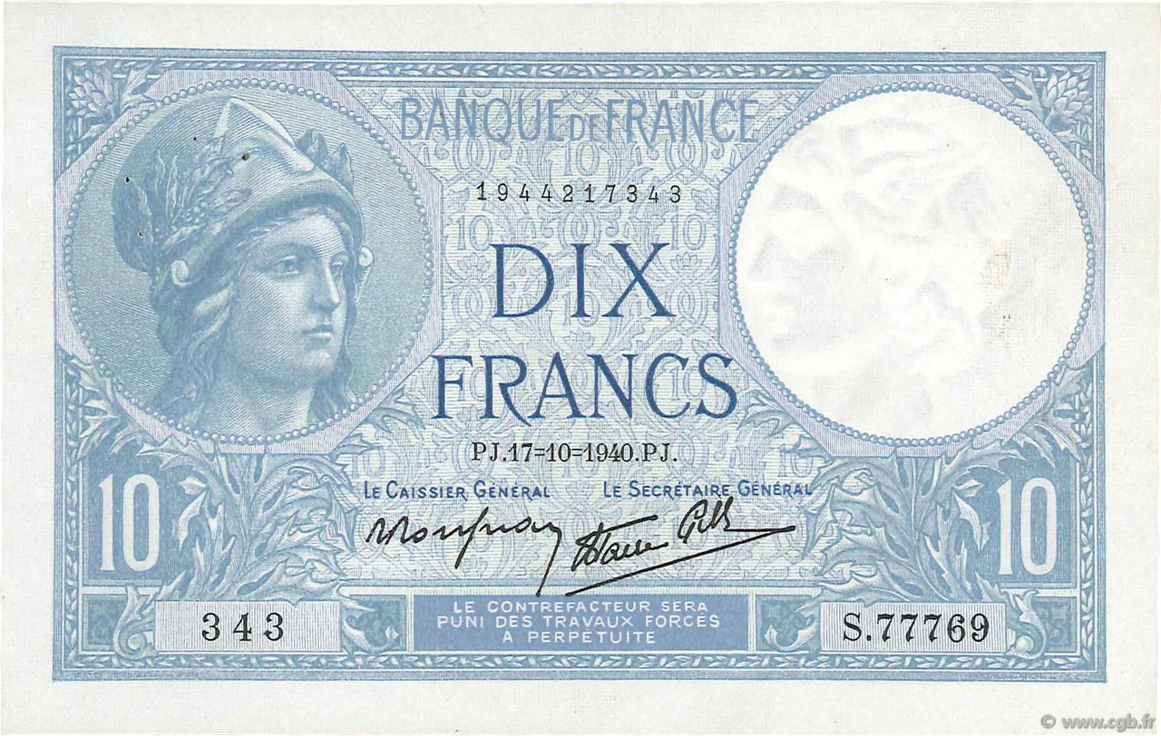 10 Francs MINERVE modifié FRANCE  1940 F.07.17 XF