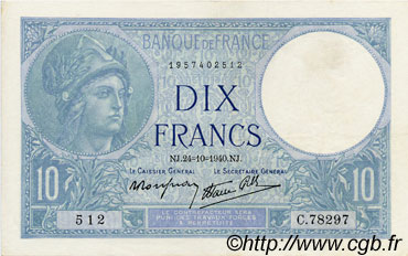 10 Francs MINERVE modifié FRANCE  1940 F.07.18 AU-