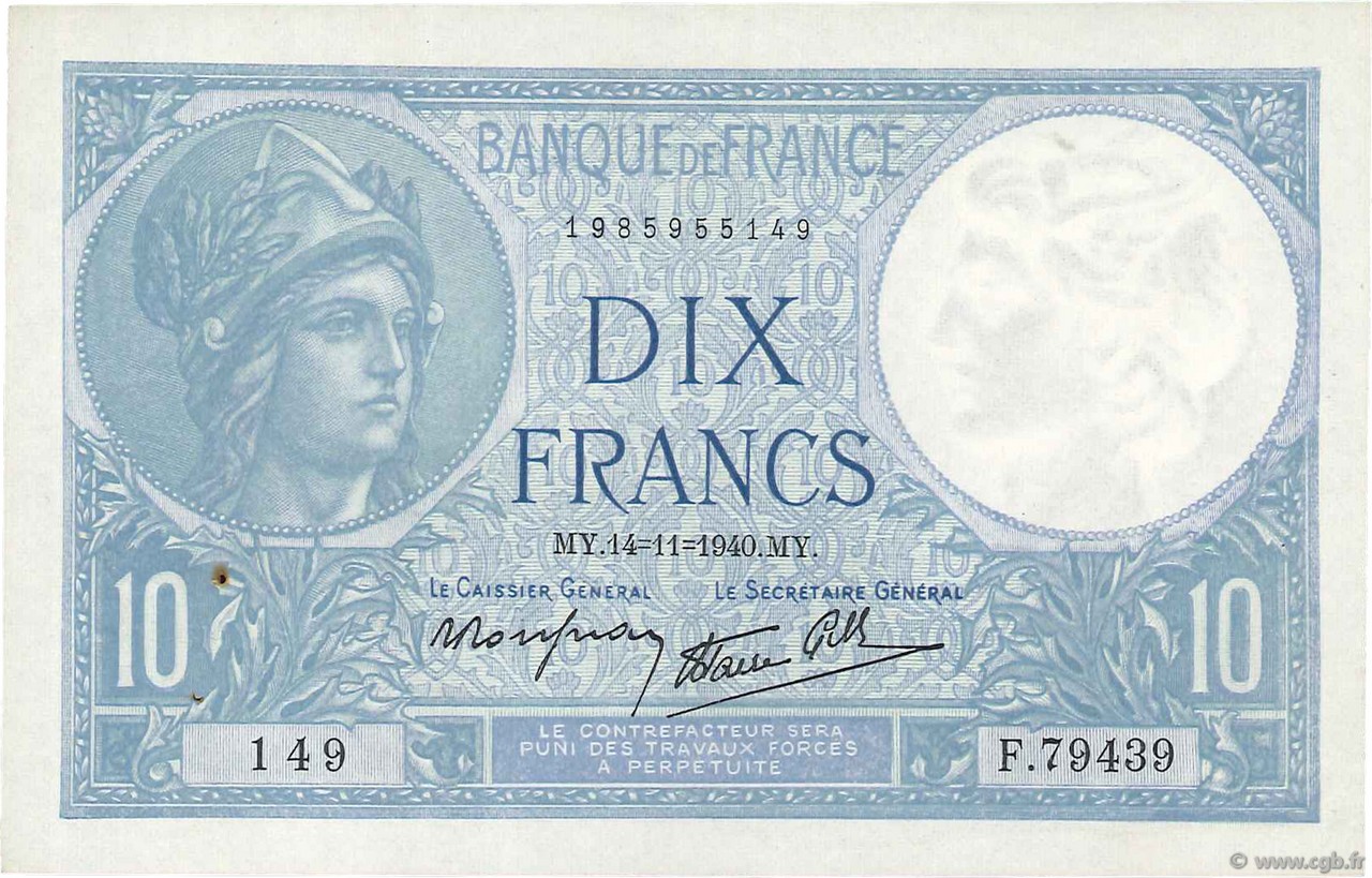 10 Francs MINERVE modifié FRANCIA  1940 F.07.20 SPL+