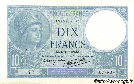 10 Francs MINERVE modifié FRANCIA  1940 F.07.21 EBC+