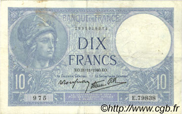 10 Francs MINERVE modifié Spécimen FRANCE  1940 F.07.21Scp F - VF