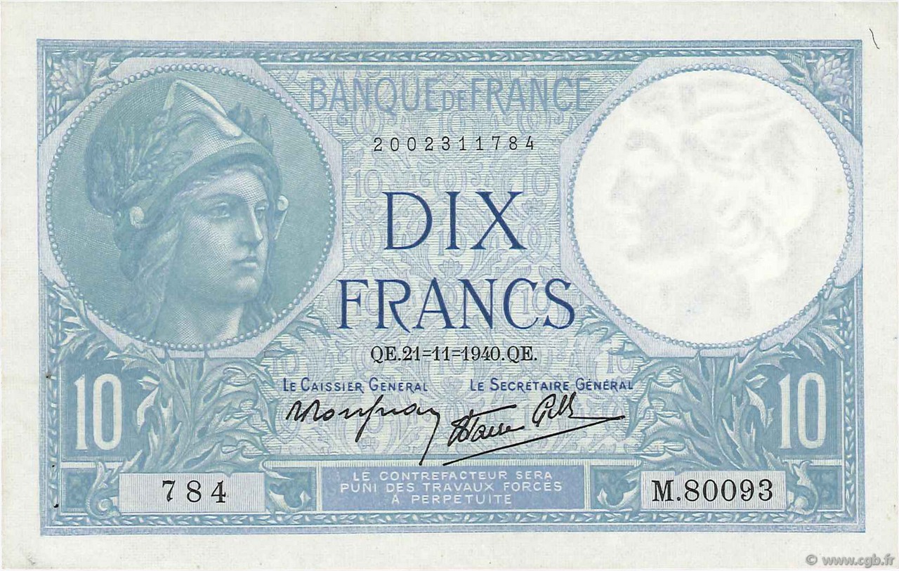 10 Francs MINERVE modifié FRANKREICH  1940 F.07.21 VZ+