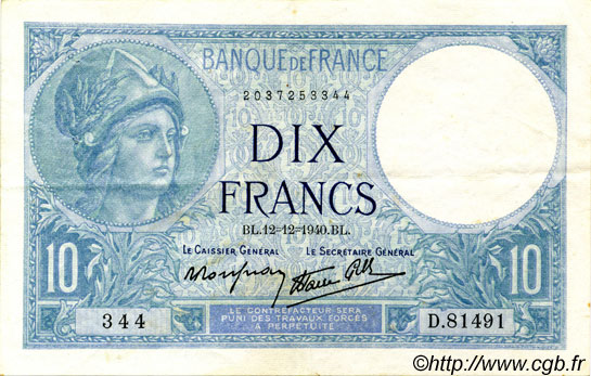 10 Francs MINERVE modifié FRANCIA  1940 F.07.24 MBC+