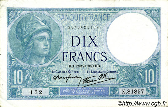 10 Francs MINERVE modifié FRANCE  1940 F.07.24 SUP à SPL