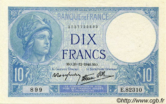 10 Francs MINERVE modifié FRANKREICH  1940 F.07.25 fST+