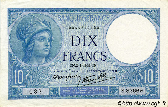 10 Francs MINERVE modifié FRANCIA  1941 F.07.26 EBC