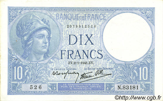 10 Francs MINERVE modifié FRANKREICH  1941 F.07.26 VZ+