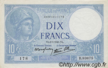 10 Francs MINERVE modifié FRANCE  1941 F.07.27 XF