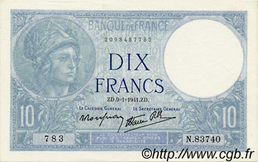 10 Francs MINERVE modifié FRANCE  1941 F.07.27 AU-