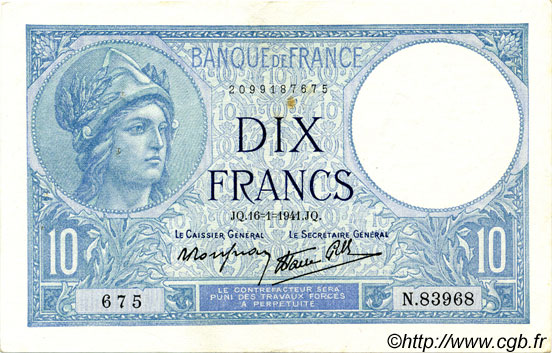 10 Francs MINERVE modifié FRANCIA  1941 F.07.28 q.SPL a SPL