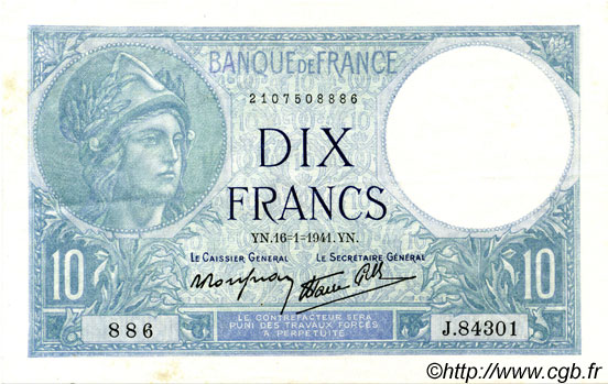 10 Francs MINERVE modifié FRANCIA  1941 F.07.28 EBC