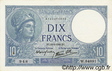 10 Francs MINERVE modifié FRANCE  1941 F.07.29 XF+