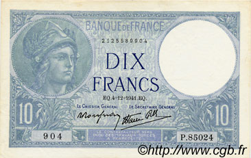 10 Francs MINERVE modifié FRANCE  1941 F.07.30 XF+