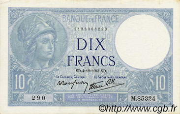 10 Francs MINERVE modifié FRANCIA  1941 F.07.30 SPL+
