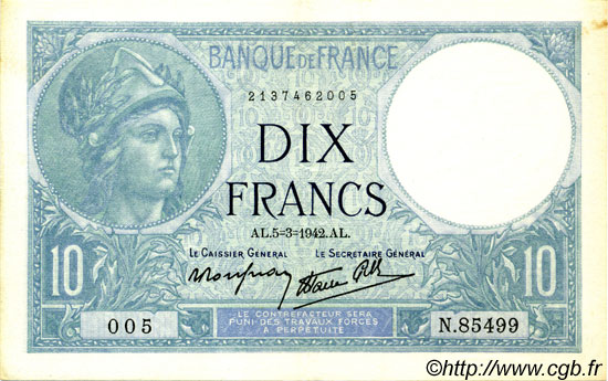 10 Francs MINERVE modifié FRANCIA  1942 F.07.31 SPL+
