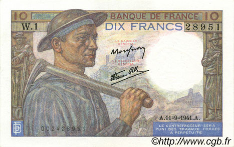 10 Francs MINEUR FRANKREICH  1941 F.08.01 VZ