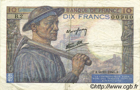 10 Francs MINEUR FRANCE  1941 F.08.02 VF