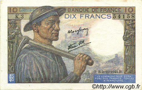 10 Francs MINEUR FRANCIA  1941 F.08.02 EBC