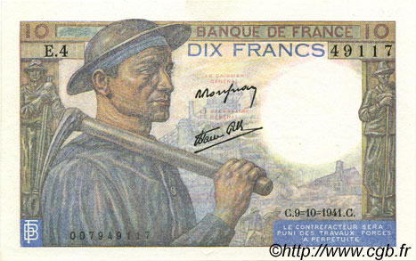 10 Francs MINEUR FRANCE  1941 F.08.02 AU