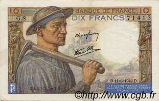10 Francs MINEUR FRANKREICH  1942 F.08.03 fVZ