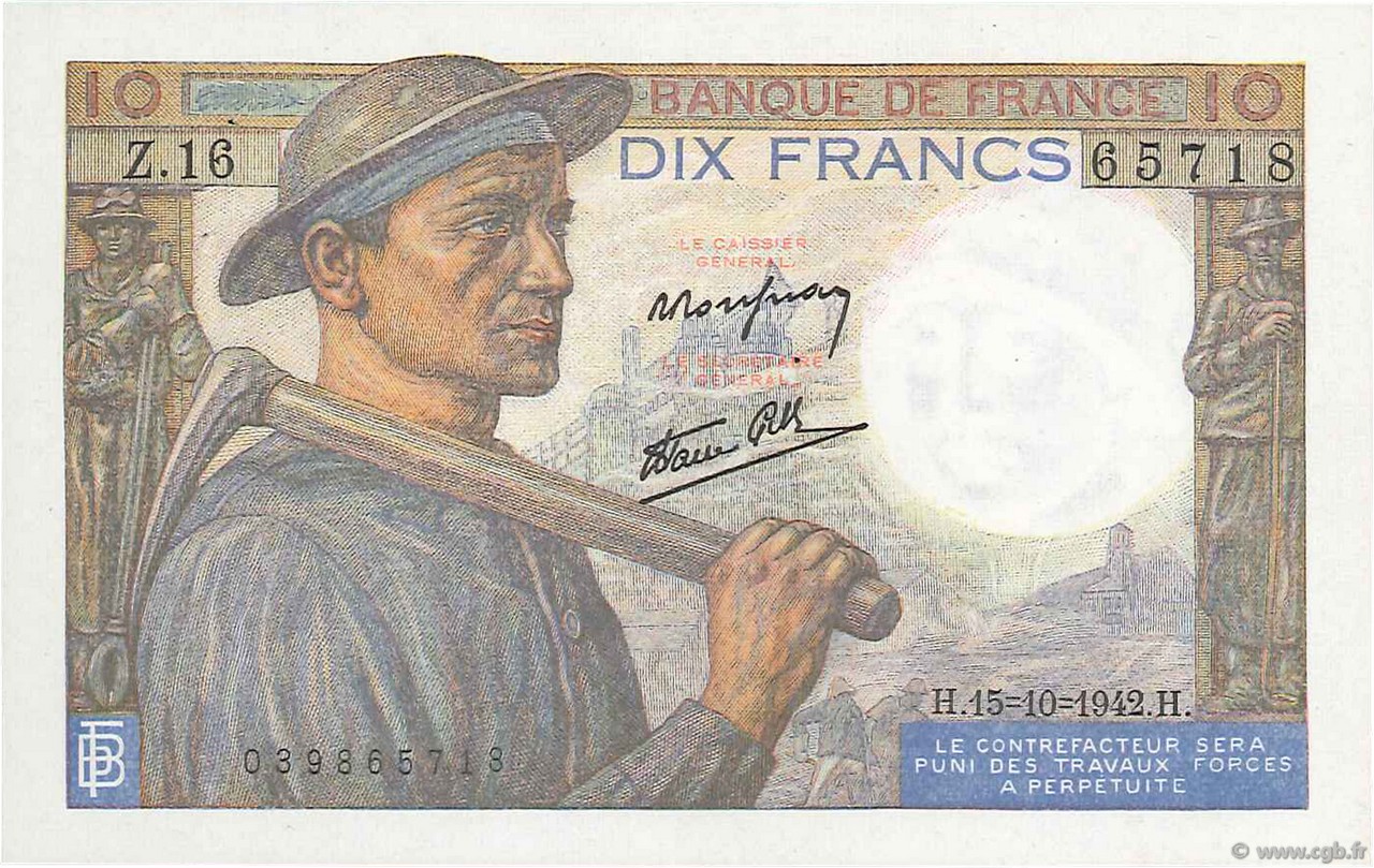 10 Francs MINEUR FRANKREICH  1942 F.08.04 VZ to fST