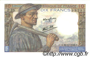 10 Francs MINEUR FRANCIA  1942 F.08.06 q.FDC