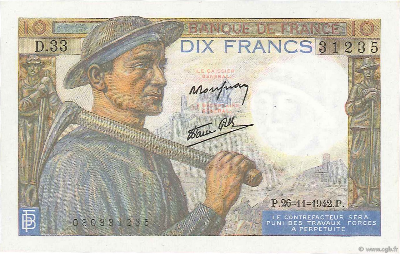 10 Francs MINEUR FRANCIA  1942 F.08.06 SC+