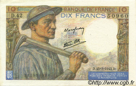 10 Francs MINEUR FRANCIA  1943 F.08.08 SPL
