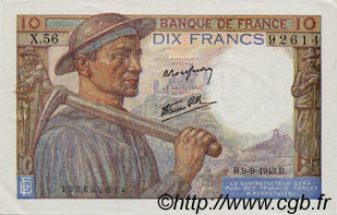 10 Francs MINEUR FRANCE  1943 F.08.09 SUP+