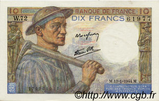 10 Francs MINEUR FRANKREICH  1944 F.08.10 VZ+
