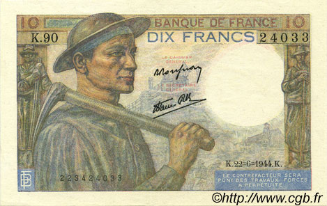 10 Francs MINEUR FRANKREICH  1944 F.08.12 VZ to fST