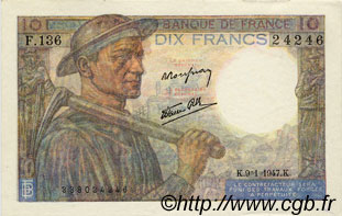 10 Francs MINEUR FRANKREICH  1947 F.08.17 VZ