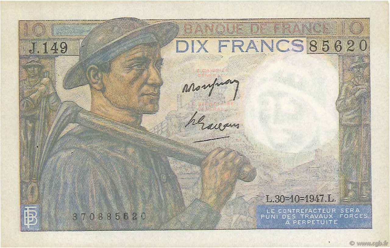 10 Francs MINEUR FRANCE  1947 F.08.18 XF+