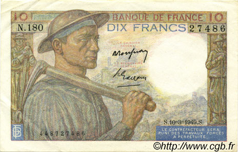 10 Francs MINEUR FRANCE  1949 F.08.20 SUP à SPL