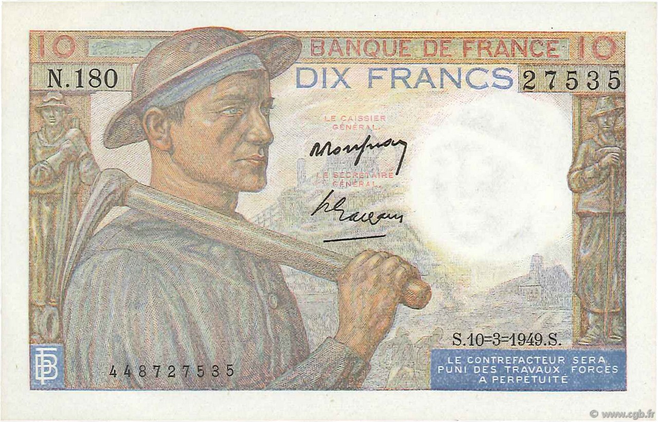 10 Francs MINEUR FRANCE  1949 F.08.20 AU+