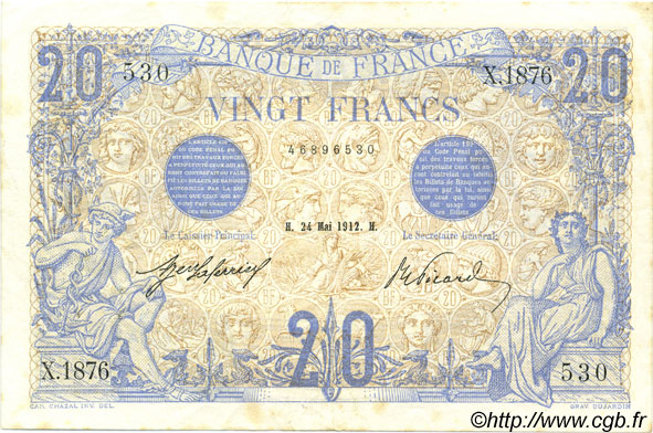 20 Francs BLEU FRANCE  1912 F.10.02 VF - XF