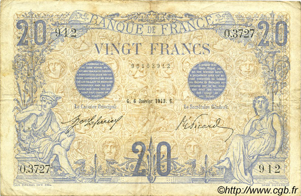 20 Francs BLEU FRANCE  1913 F.10.03 F - VF