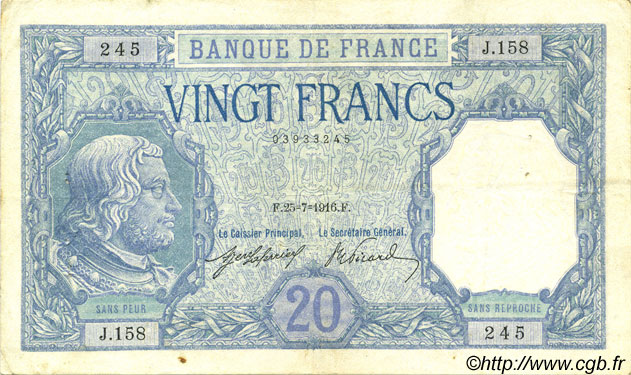 20 Francs BAYARD FRANKREICH  1916 F.11.01 SS