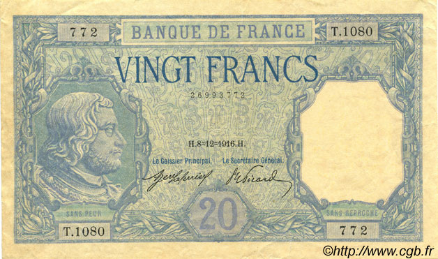20 Francs BAYARD FRANKREICH  1916 F.11.01 fVZ